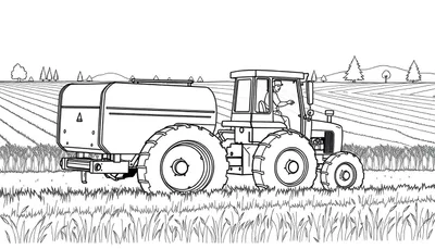 Zwart-wit kleurplaat van een tractor met aanhanger op een boerenveld, met op de achtergrond akkers, bomen en heuvels.
