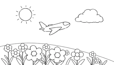 Zwart-wit tekening van een kleurplaat met een zon, een vliegtuig, een wolk en een heuvel met veel bloemen.