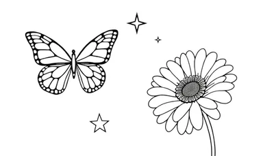 Kleurplaat van een vlinder, een bloem en drie sterren, getekend met zwarte lijnen op een witte achtergrond.