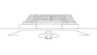 Zwart-wit tekening van een voetbalveld met een doel en lege tribunes, met een voetbal op de voorgrond.