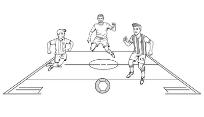 Kleurplaat met drie lachende jonge voetballers op een voetbalveld. Een speler rent links met een gestreept shirt met 'W', de middelste springt met opgeheven armen, en de rechter rent met duim omhoog en nummer '45'. Een voetbal ligt onder de middenlijn.