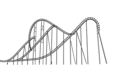 Zwart-witte lijntekening van een achtbaanstructuur met complexe rails, verticale palen en diagonale steunbalken, weergegeven op een witte achtergrond.