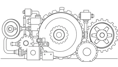 Zwart-wit lijntekening van een complexe machine met grote en kleine tandwielen, gebogen buizen, leidingen en rechthoekige verbindingsblokken.