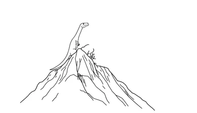 Zwart-wit lijntekening van een dinosaurus met een lange nek en staart, staand bovenop een rotsachtige berg met takachtige vegetatie aan de zijkant.