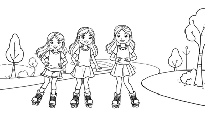 Zwart-wit tekening van drie lachende meisjes met lang haar en sportieve kleding op rolschaatsen, staand op een pad in een park met bomen en glooiende heuvels.