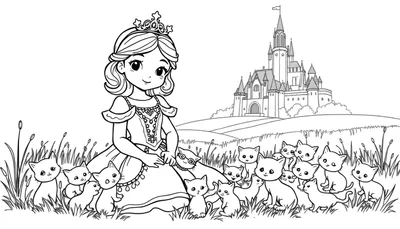 Zwart-witte kleurplaat van een prinses die lacht in het gras, omringd door veel kittens. Op de achtergrond een kasteel.