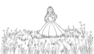 Zwart-wit kleurplaat van een prinses die een konijntje vasthoudt, omringd door andere konijntjes en bloemen in een weide.