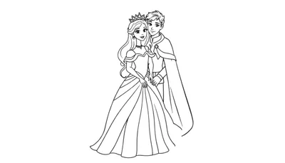 Zwart-wit lijntekening van een glimlachende prins en prinses in koninklijke kledij, staand naast elkaar. De prinses links met lang golvend haar en tiara, de prins rechts met korte coupe en cape.