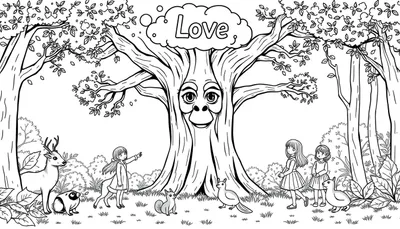 Zwart-wit kleurplaat: bos met sprekende boom met gezicht, het woord 'Love' in de wolken, meisjes, hert, eekhoorn, vogel, gans.