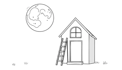 Zwart-wit lijntekening van een kleurplaat met een grote maan/planeet linksboven, een klein huisje met een puntdak rechts, een ladder tegen het huis en wat plukjes gras onderaan.