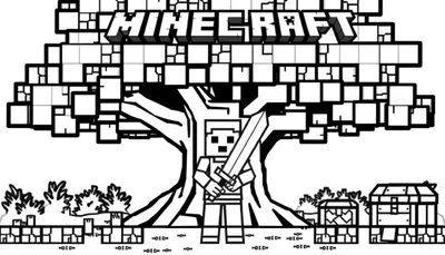 Minecraft kleurplaat met het woord 'MINECRAFT', een blokkerige boom, een Minecraft-personage met zwaard en twee kleine blokvormige huisjes.