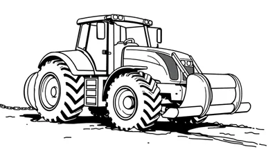 Kleurplaat van een moderne landbouwtractor, gezien vanuit een driekwart perspectief, met grote wielen, cabine en motorkap.