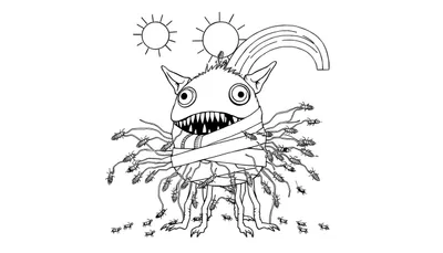 Zwart-wit lijntekening van een mollig monster met grote ogen en scherpe tanden, verbonden door draden aan vele insecten. Twee zonnen en een regenboogboog zijn zichtbaar in de achtergrond.