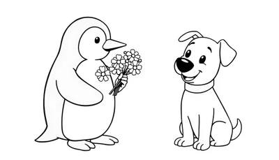 Kleurplaat van een vriendelijke pinguïn die een boeket bloemen vasthoudt en naar een blije hond kijkt.