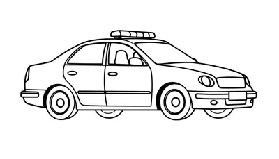 Gekleurde lijntekening van een politieauto, gezien vanaf de zijkant, met zwaailichtbalk op het dak. De tekening is geschikt als kleurplaat.