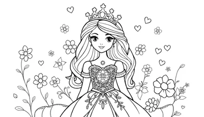 Kleurplaat van een glimlachende prinses met kroon, gedetailleerde jurk, omringd door bloemen en hartjes in een sprookjesachtige stijl.