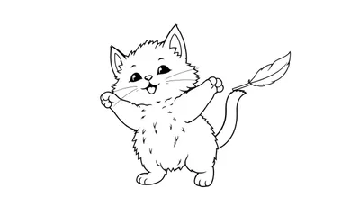 Zwart-witte lijntekening van een schattig, pluizig katje dat rechtop staat en zwaait, met een veer aan zijn staart.