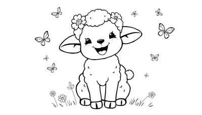 Zwart-witte lijntekening van een schattig, lachend lammetje met bloemen in zijn vacht, omringd door vlinders en bloemen, geschikt als kleurplaat.