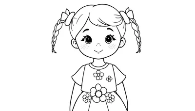 Zwart-wit lijntekening van een blij jong meisje met twee vlechten, strikjes, pony en sproetjes, die een jurk met bloemenprint draagt, als kleurplaat.