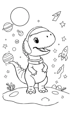 Kleurplaat van een schattige dinosaurus die een ruimtehelm draagt en op het maanoppervlak staat, met planeten, sterren en ruimteschepen om hem heen.