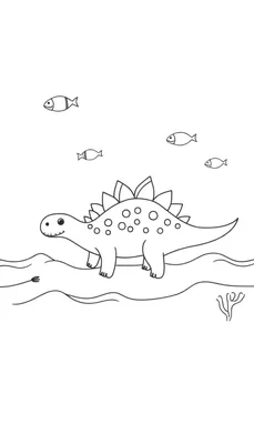 Een lijntekening van een glimlachende Stegosaurus dinosaurus met rugplaten, omringd door plantjes en rotsen, met vijf kleine visjes die erboven zwemmen.