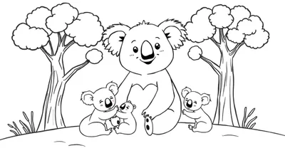 Een zwart-wit tekening van een koala familie, met een grote ouderkoala in het midden en drie kleinere koala's eromheen, zittend bij bomen en planten.