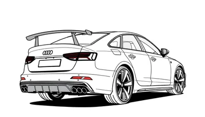 Gedetailleerde lijntekening van een sportieve Audi sedan of sportback, driekwart achteraanzicht, met grijze spoiler, rode achterlichten, zwarte sensoren, diffuser, vier uitlaten en grote sportvelgen.