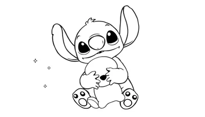 Kleurplaat van Stitch die verdrietig of liefdevol naar een klein wit knuffeltje kijkt, met sterretjes en een cirkel links van hem.