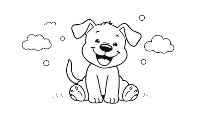 Kleurplaat van een blij hondje dat zit met de tong uit zijn bek, omringd door decoratieve wolkjes en cirkels.