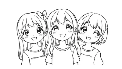 Zwart-witte lijntekening van drie blije anime meisjes die dicht bij elkaar staan en lachen. Het meisje links heeft lang steil haar met een strikje. Het middelste meisje heeft lang haar en gesloten ogen. Het meisje rechts heeft kort haar en knipoogt.