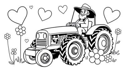 Kleurplaat van een lachende boer met baard en brede hoed die op een klassieke tractor rijdt. Er zweven hartjes rondom en er staan bloemen in het gras.