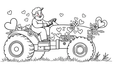 Kleurplaat van een lachende, oudere man met baard en pet, zittend op een tractor versierd met harten, bloemen en bladeren. De tractor rijdt over gras.