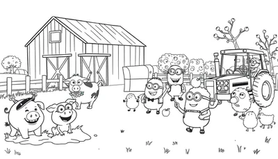 Zwart-wit kleurplaat van een boerderij met Minion-achtige figuren, varkens, een koe, schaapjes en een tractor.