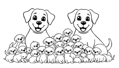 Kleurplaat van een groep honden: twee grote, lachende volwassen honden omringd door kleine, blije puppy's. De tekening is cartoonachtig met dikke zwarte lijnen.