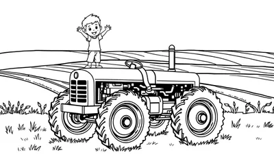 Kleurplaat van een lachende jongen met armen omhoog op de motorkap van een grote tractor in een landschap.