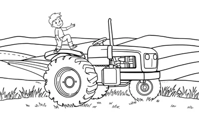 Kleurplaat: lachende jongen op grote tractor, zwaaiend, met boerderijlandschap op achtergrond.