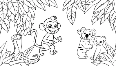 Kleurplaat met een vrolijke aap, twee koala's (volwassen en baby) en een slang in een jungle met veel bladeren.