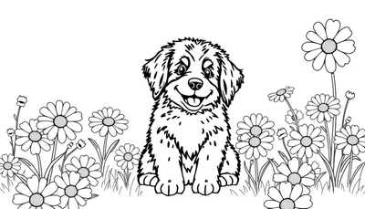 Zwart-wit lijntekening van een schattige, lachende puppy met tong uit de bek, zittend in een veld vol madeliefjes en gras.