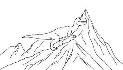 Kleurplaat van een lachende dinosaurus op een bergtop, met een gestileerd berglandschap op de achtergrond.