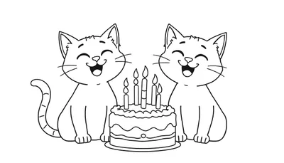 Kleurplaat van twee lachende katten rondom een verjaardagstaart met vijf brandende kaarsjes.