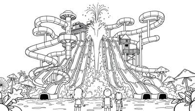 Kleurplaat van een waterpark met kinderen, hoge glijbanen, een centrale waterval en tropische planten.