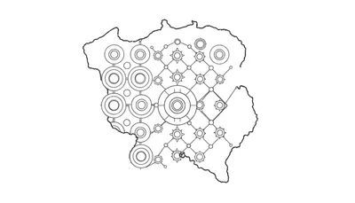 Kleurplaat van een abstract netwerk met concentrische cirkels, sterren en ruitvormige patronen, weergegeven met dikke zwarte lijnen op een witte achtergrond.