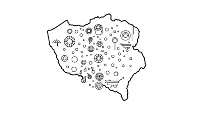 Zwart-wit lijntekening van een onregelmatige kaartvorm met daarin veel kleine cirkels, vierkanten, een parasol, ijshoorntje, wereldbollen, een huisje en andere symbolen.