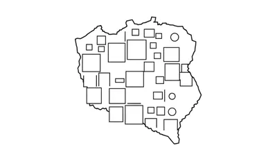 Abstracte zwartomlijnde kleurplaat van de kaart van Polen met geometrische vormen.