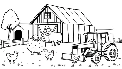 Kleurplaat van een boerderijtafereel met een schuur, tractor, schaap, koe, kippen en een boom.