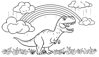 Een T-Rex dinosaurus met open mond en zichtbare tanden, staat onder een regenboog met vier bogen. Pluizige wolken met vallende regendruppels zijn aan weerszijden zichtbaar. Gras en plantjes vormen de ondergrond.