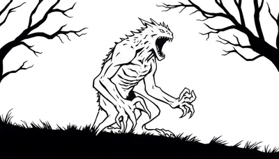 Zwart-witte kleurplaat van een monster met opengesperde bek, stekels en klauwen, staand op een helling tussen kale bomen.