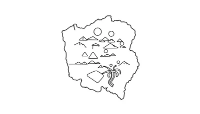 Zwart-wit lijntekening van een gestileerde kaart met driehoekige bergen, cirkelvormige meren, huisjes, een palmboom en een ruitvormig object. De kaart heeft een grillige omtrek.