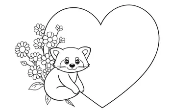 Kleurplaat van een hartvormig kader met een schattig cartoon dier en bloemen.