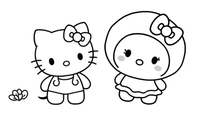 Zwart-wit lijntekening van Hello Kitty met strik en jurkje, naast My Melody met kapje, strik en ruchesjurk. Beide Sanrio-personages staan tegen een witte achtergrond.